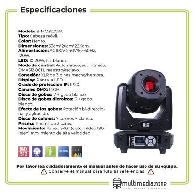 Cabeza Movil 120w Beam Gobos Doble Prisma