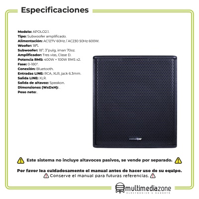 Subwoofer 18 Amplificado 400WRMS + 200WRMS Bluetooth
