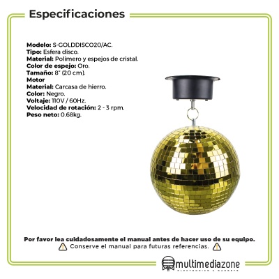Schalter Bola Disco Motorizada Gold Espejo 20cm Diámetro