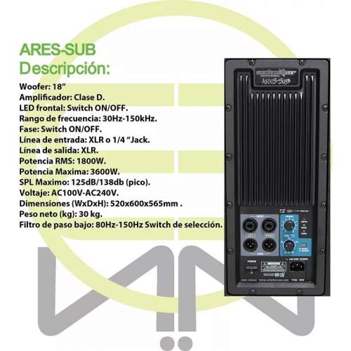 Subwoofer Amplificado 18 Pulgadas 1800w Rms Profesional Ares