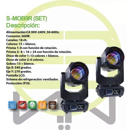 9r Cabeza Movil Doble Prisma 260w Beam Light Case Gobos