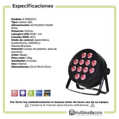 Cañon Led 12x12w Dmx Rgb Par 64 Ultravioleta Luz Negra