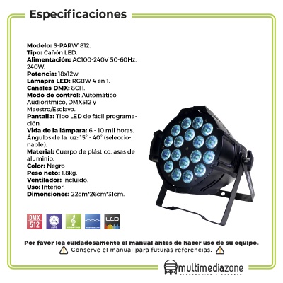 Luz Disco Cañon LED 18x12w 4 Colores Rgbw Super Potente