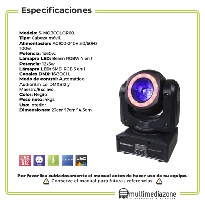 Cabeza Movil Led Beam Aro 1x60w Rgbw12pz 3 En 1 Smd Rgb